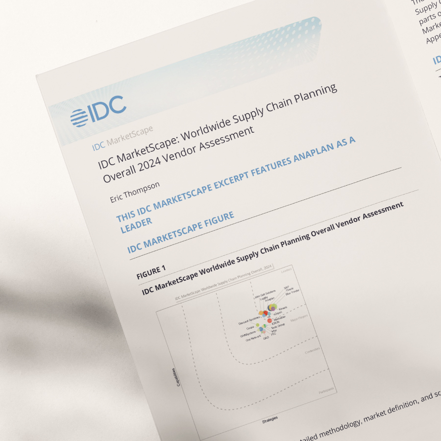 IDC MarketScape excerpt for “Worldwide Supply Chain Planning Overall 2024 Vendor Assessment.” The page highlights Anaplan as a leader and shows a quadrant-style figure with various vendor positions.