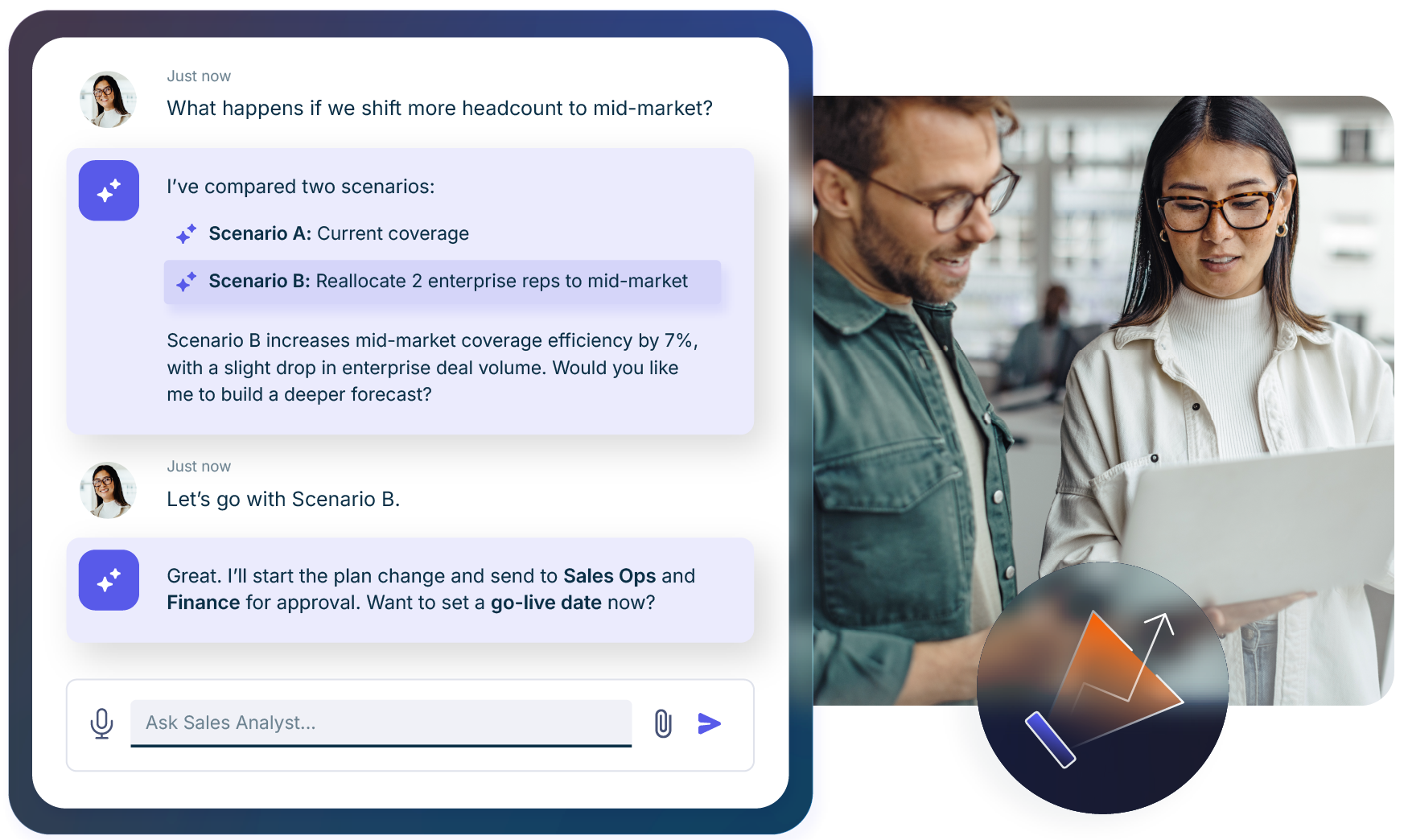 Two colleagues discussing insights on a laptop, with a digital assistant comparing sales planning scenarios.